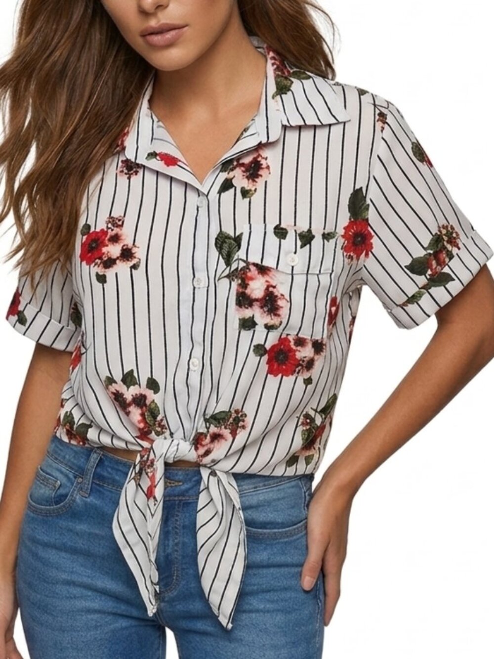 Black & White Floral Striped Tie Front Button Up Top Blouse Pinstripe Boho M